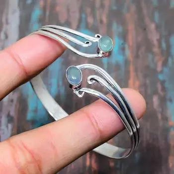 Аквамарин драгоценный камень твердый стерлингового серебра 925 пробы ювелирный браслет ручной работы регулируемый для нее Adjustable циан