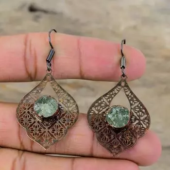 Аквамарин грубые серьги гальванопластические медные серьги натуральные драгоценные камни гальванопластические ювелирные изделия ручной работы антикварные серьги подарок для жены