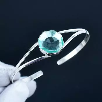 Аквамарин Шестиугольный Драгоценный Камень Манжета-Браслет Ручной Работы из Стерлингового Серебра 925 пробы, Браслет с Аквамарином для Жены, Унисекс Браслет 7 синий