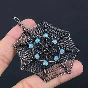 Аквамарин в форме паутины, драгоценный камень из чистой медной проволоки, обернутый ручной подвеской, ювелирные изделия 3.15 Inches синий