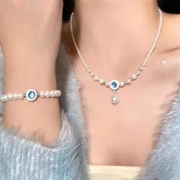 Аквамариново-голубое жемчужное ожерелье, сломанная серебряная ключичная цепочка, Niche Design Sense, женская французская легкая роскошная цепочка для свитера Niche Design Sense