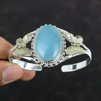 Аквамариновый браслет ручной работы с драгоценными камнями, браслет-манжета из стерлингового серебра 925 пробы, позолоченный 18 карат, регулируемый браслет, красивый браслет-бабочка