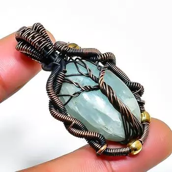 Аквамариновый драгоценный камень, ручная работа, медная проволочная подвеска, 1,77 дюйма 1.77 синий