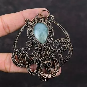 Аквамариновый кулон Кулон из медной проволоки Кулон ручной работы Уникальный медный дизайн Ювелирные изделия Подвеска из настоящего драгоценного камня Ювелирные изделия из осьминога для подарка