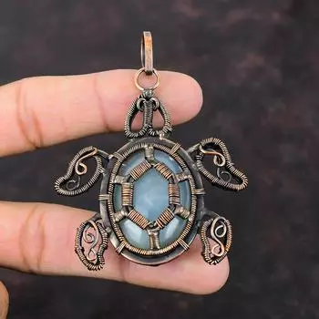 Аквамариновый кулон, медная проволока, кулон, кулон с драгоценным камнем, черепаха, медные украшения, кулон ручной работы, проволочная пленка, ювелирный подарок для друга