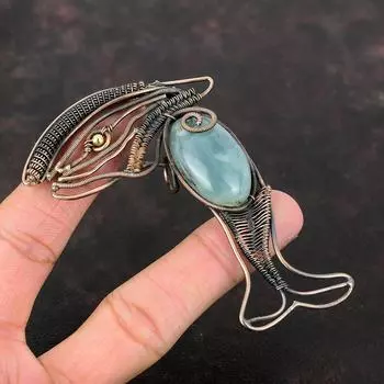 Аквамариновый кулон, обернутый медной проволокой, подвеска с драгоценным камнем, аквамариновое украшение, кулон ручной работы, медная проволока, украшения в виде рыб, подарок на помолвку