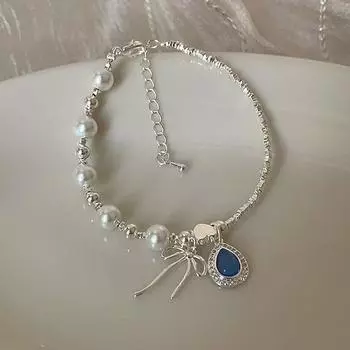 Аквамариновый сломанный серебряный бант с жемчугом Браслет Девушки чувствуют себя милыми и нежными Индивидуальность Универсальный браслет Ювелирные изделия