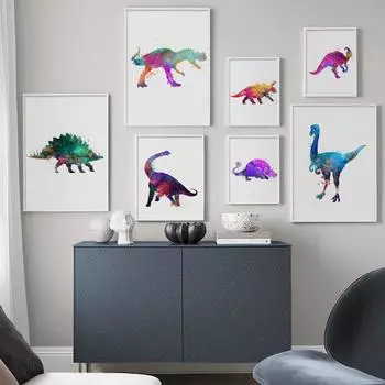 Акварель абстрактный динозавр скандинавские холсты постеры и принты настенная живопись на холсте печать настенные картины для декора детской комнаты 21cm30cm NoFrame