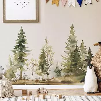 Акварель Лес Спальня Гостиная Фон Ландшафтный Дизайн Декоративные Наклейки На Стены Самоклеящиеся 39*118CM/fun-L078