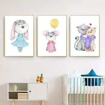 Акварель мультфильм животное мышь холст картины фотографии детская детская кошка настенные художественные постеры принт дети спальня украшения 21cm30cm NoFrame