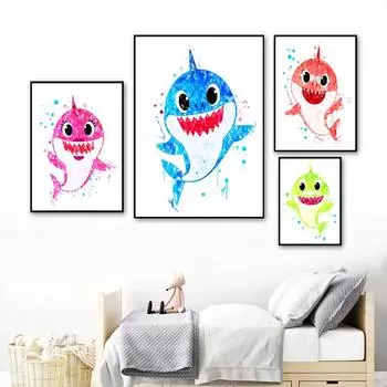 Акварельная детская акула, семейная настенная живопись на холсте, Декор для детской комнаты, постеры и принты для детей, домашний декор для спальни, подарок Cuadros 21cm30cm NoFrame