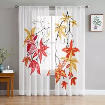 Акварельная осенняя тюлевая занавеска с кленовыми листьями для гостиной, спальни, вуаль, прозрачные шторы, кухонные шторы, занавески 135W x 114H(cm)