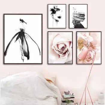Акварельная роза с цветочным узором для девочек, линия листьев, настенная живопись на холсте, постеры на скандинавскую тему и принты, настенные панно для декора гостиной 21cm30cm NoFrame