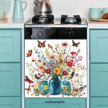 Акварельная стеклянная ваза Цветок Бабочка Кухня Украшение Декоративные наклейки Самоклеящиеся 34*34cm/fun-f333