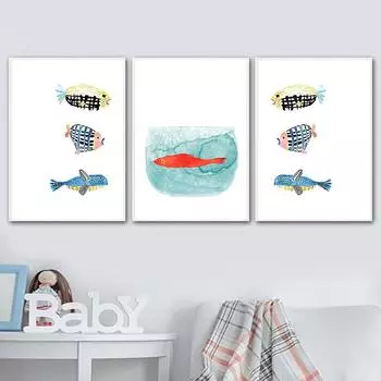 Акварельная живопись на холсте с мультяшными рыбками, постеры и принты для домашнего дизайна, скандинавские минималистичные настенные художественные картинки без рамки 21*30cm