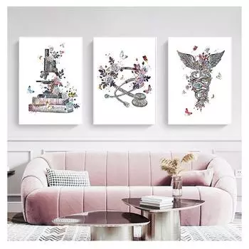 Акварельная живопись, печать на холсте, кадуцей, стетоскоп, микроскоп, плакат, настенный художественный декор для клиники, подарок для врача, медицинское устройство 21cm30cm NoFrame