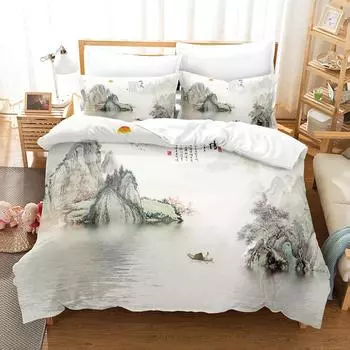 Акварельная живопись Пододеяльник Комплект полиэстеровый стеганый чехол с рисунком озера, горного пейзажа для ребенка King Queen Twin Полный размер 70x133cm 2pcs