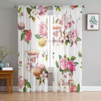 Акварельное миндальное печенье с цветком розы, вишневый торт, чашка, прозрачные шторы для гостиной, тюль, оконная занавеска, спальня, кухня, шторы 135W x 114H(cm)