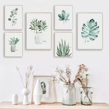 Акварельное растение, зеленый лист, холст, постер, скандинавское настенное искусство, ботанический принт, картина, скандинавское украшение, картина, домашний декор 21cm30cm NoFrame
