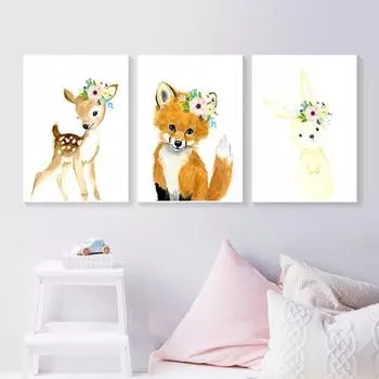 Акварельное животное кролик олень белка лиса енот цыпленок плакат детская печать настенная живопись на холсте детская комната домашний декор 21x30cm No Frame