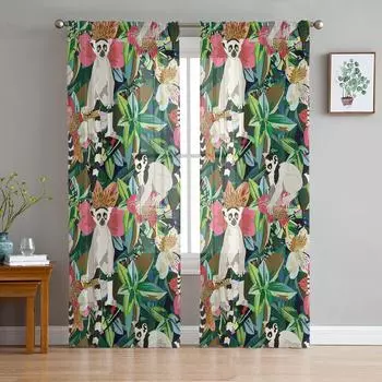 Акварельные ботанические цветы и енот прозрачные шторы для гостиной тюль для окон вуаль пряжа короткие шторы для спальни W135 x H114cm