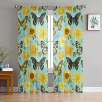 Акварельные ботанические цветы лилии, бабочки, прозрачные шторы для гостиной, тюлевые занавески для окон, спальни, кухни, вуаль, шторы 135W x 114H(cm)