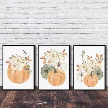 Акварельные цветочные осенние букеты с тыквой, постеры и принты, холст, картина, осенний декор, настенная художественная картина, украшение для дома без рамки 21x30cm No Framed