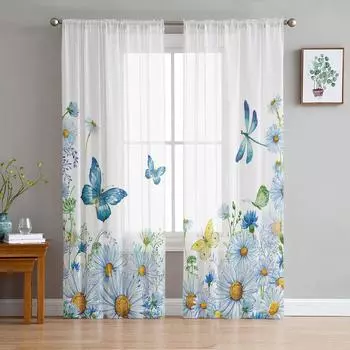 Акварельные цветы бабочка стрекоза тюль занавеска вуаль прозрачная для спальни гостиная кухня прозрачные оконные занавески W135 x H114cm