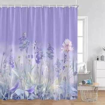 Акварельные цветы Цветочные шторы для душа Бабочки Зелень Растения Природа Домашний декор для ванной комнаты Полиэстеровая ткань Занавеска для ванны 90x180cm-35x70in