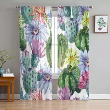 Акварельные цветы кактуса, тропические растения, тюлевые прозрачные оконные шторы для гостиной, спальни, вуаль, занавески из органзы, шторы W135 x H115cm x1
