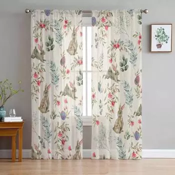 Акварельные цветы кролика пасхальные весенние тюлевые шторы для гостиной, прозрачные занавески для спальни, кухни, жалюзи, вуаль, шторы 135W x 114H(cm)