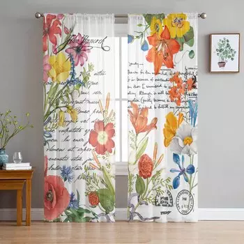Акварельные цветы, нарисованные вручную, и весенние ретро-тюльные шторы для спальни, роскошные шторы в гостиной, шифоновые панели 135W x 114H(cm)