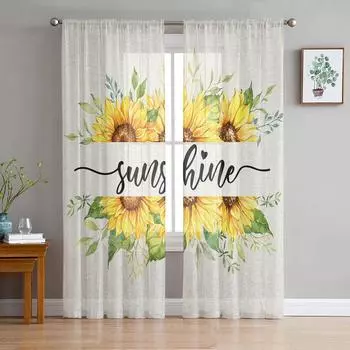 Акварельные цветы подсолнухи пчелы оконные тюлевые шторы для гостиной кухни современные оконные занавески вуали 135W x 114H(cm)