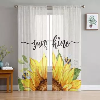 Акварельные цветы подсолнухи пчелы прозрачная вуаль оконные шторы тюлевые шторы для гостиной, украшения балкона, шторы 135W x 114H(cm)