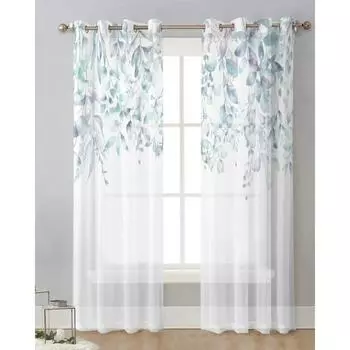 Акварельные цветы, растения, листья, синий тюль, занавески для гостиной, кухни, прозрачные шторы на окна, вуаль, шторы с люверсами W65X60H(cm)X2Pcs&Hook