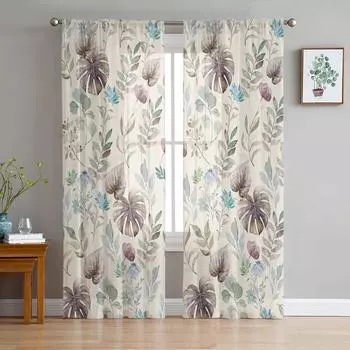 Акварельные цветы, тропические растения, листья, прозрачные шторы для гостиной, кухни, оконные шторы, тюлевые занавески для спальни, вуаль 135W x 114H(cm)