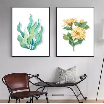 Акварельные цветы, зеленые растения, листья, тропическое искусство, постер с кактусом, скандинавские принты Canvsa, настенные панно для гостиной, домашний декор 21cm30cm NoFrame