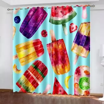 Акварельные фруктовые эскимо художественные затемняющие шторы для спальни, гостиной, ванной комнаты, кухни, двери с высоким затенением, яркий узор W55 X H120cm X 2&HOOK