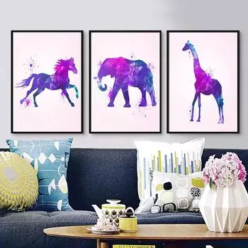 Акварельные граффити Животные Лошадь Слон Медведь Олень Абстрактная картина на холсте Современный домашний декор Набор из 4 художественных настенных постеров с принтами для гостиной 20x30cm No Frame белый