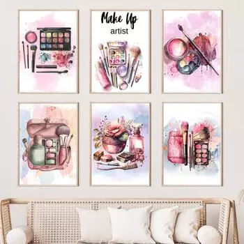 Акварельные инструменты визажиста, туалетные постеры и принты, модные гламурные девушки-подростки, настенная живопись на холсте, декор для салона красоты A4 21X30cm No Framed