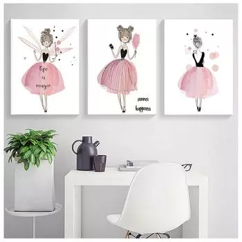 Акварельные кавайные постеры и принты для девочек с героями мультфильмов, настенная живопись на холсте 21cm30cm NoFrame