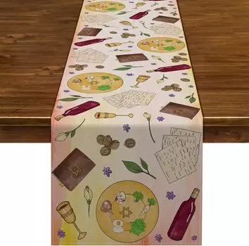 Акварельные льняные дорожки для пасхального стола, еврейский седер, маца, домашний декор для вечеринки, моющиеся украшения для кухонного обеденного стола 150x33cm 59x13inch