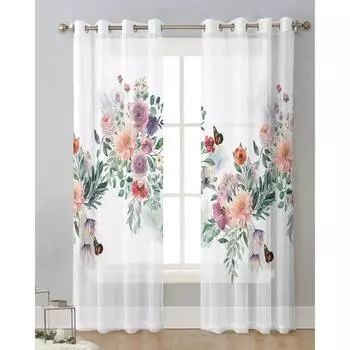 Акварельные листья растения цветы бабочки прозрачные шторы гостиная окна прозрачная вуаль тюль занавески портьеры домашний декор W65X60H(cm)X2Pcs&Hook