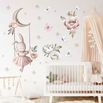 Акварельные мультяшные кролики, цветы, бабочки, наклейки на стену, съемные для детских комнат, для девочек, для детских комнат, для домашнего декора 30x60CM
