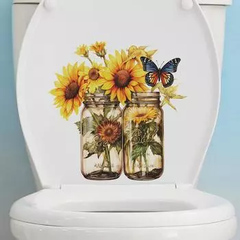 Акварельные наклейки на туалет с изображением подсолнуха и бабочки, ванная комната, украшение ванной комнаты, декоративные настенные наклейки 29*29CM/fun-m67