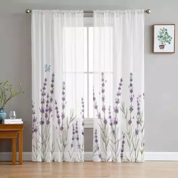 Акварельные нежные цветы лаванды, Тюлевая оконная занавеска для гостиной, спальни, вуаль, прозрачные шторы, кухонные шторы, занавески 135W x 114H(cm)