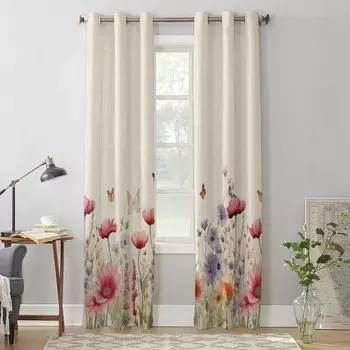 Акварельные оконные шторы с цветком ромашки и бабочкой для гостиной, роскошные занавески для спальни, кухонные шторы, шторы 135W x 60H(cm) x1