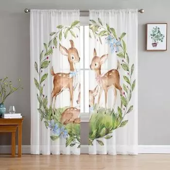 Акварельные олени, семья, лес, прозрачные шторы для гостиной, прозрачный тюль, занавеска для окна, спальня, кухня, декор, вуаль, шторы 135W x 114H(cm)