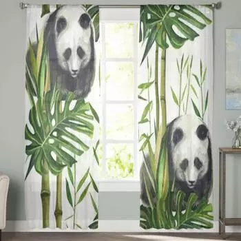 Акварельные панда с листьями бамбука, прозрачные шторы, вуаль для спальни, занавеска для гостиной, окна, прозрачные шторы для кухни, тюлевые шторы 135W x 114H(cm)