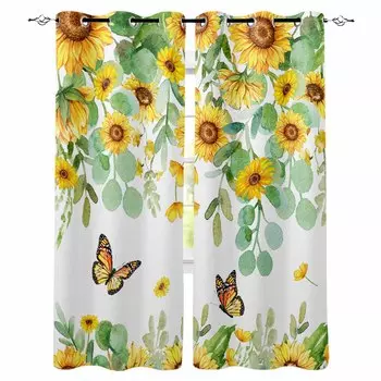 Акварельные Подсолнухи Эвкалипт Лист Бабочка Плотные Шторы Для Гостиной Спальни Оконные Шторы Домашний Декор W135 x H60cm